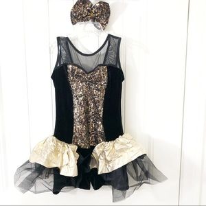 Creations by Cicci Black Gold Dance Costume Biketard Tutu NWOT Fingerless Gloves